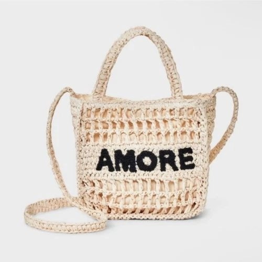 Universal Thread Straw Hand Bag Amore Cream Black Embroidered Small Purse‎ NEW